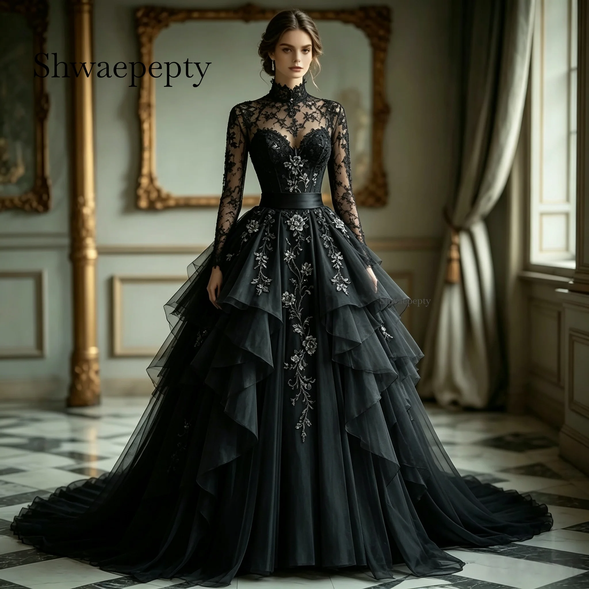 Black Gothi Wedding Dress High Neck Sheer Long Sleeve Silver Floral Lace Appliques Multi Layer Ruffle Tulle Ball Gown Customized