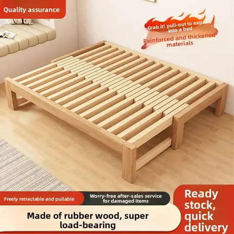 Rubber wood solid wood sofa bed multi-functional telescopic folding tatami broaching bed integrated dual-purpose