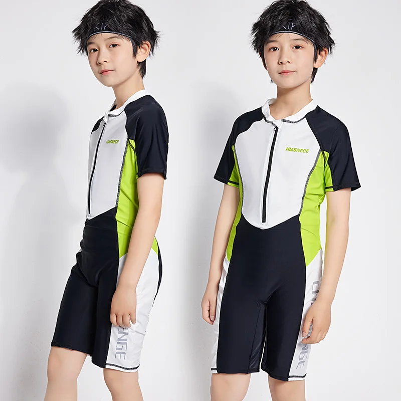 Teenager Boy One Piece Swimsuit Short Sleeves Solid White and black Color Patchwork Beach Wear Kids Student Bathing Suit 12-18Y