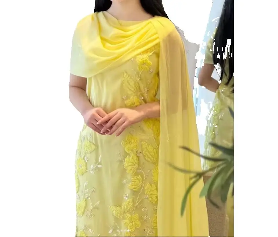 

Customized Elegant Yellow Flower Fishtail Lace Prom Dress Luxury Evening Dresses for Woman Party Wedding Dress