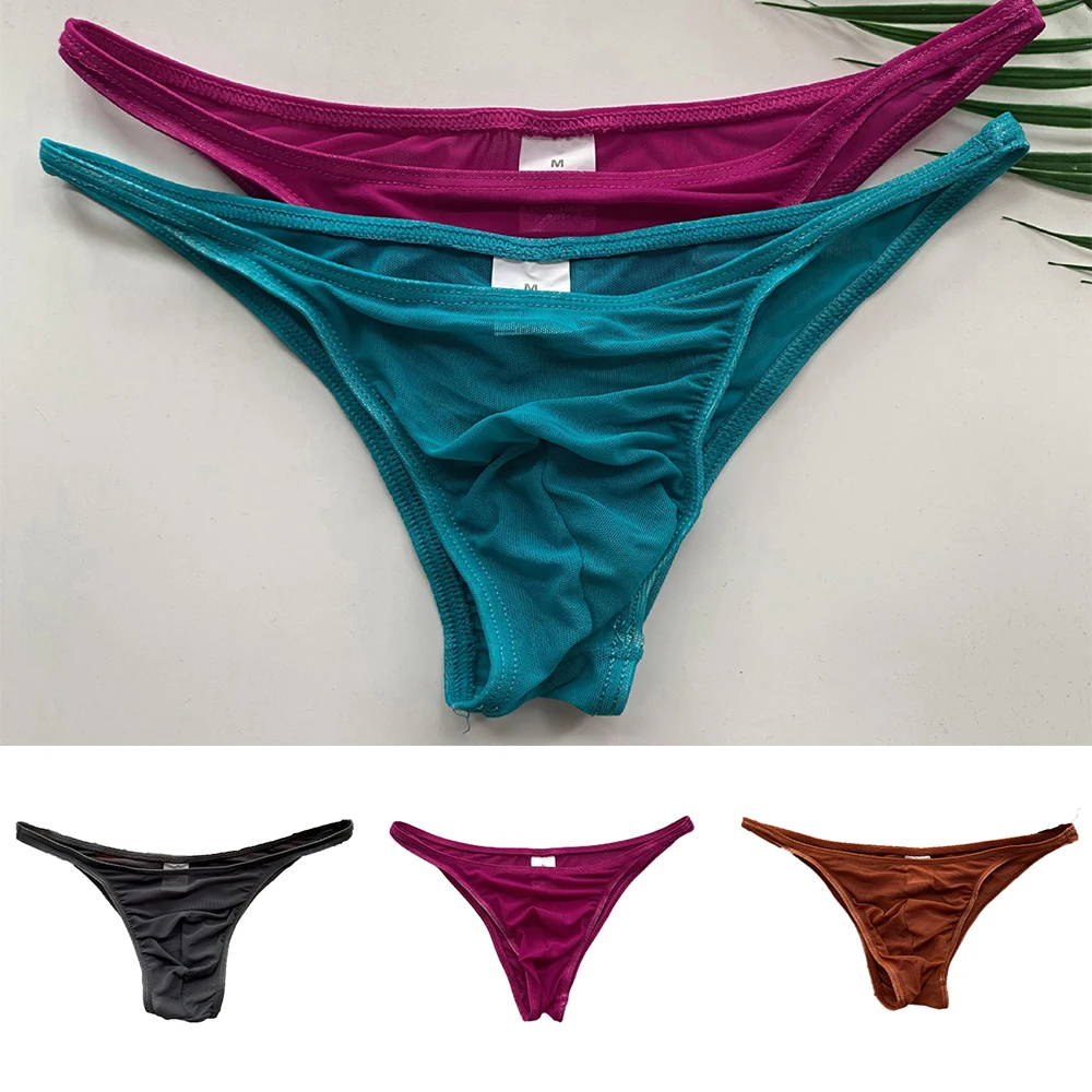 Low Waist Men Briefs Sexy Thongs Solid Color Mesh T Back G-Strings Triangle Transparent Underwear Lightweight Men Panties 2023