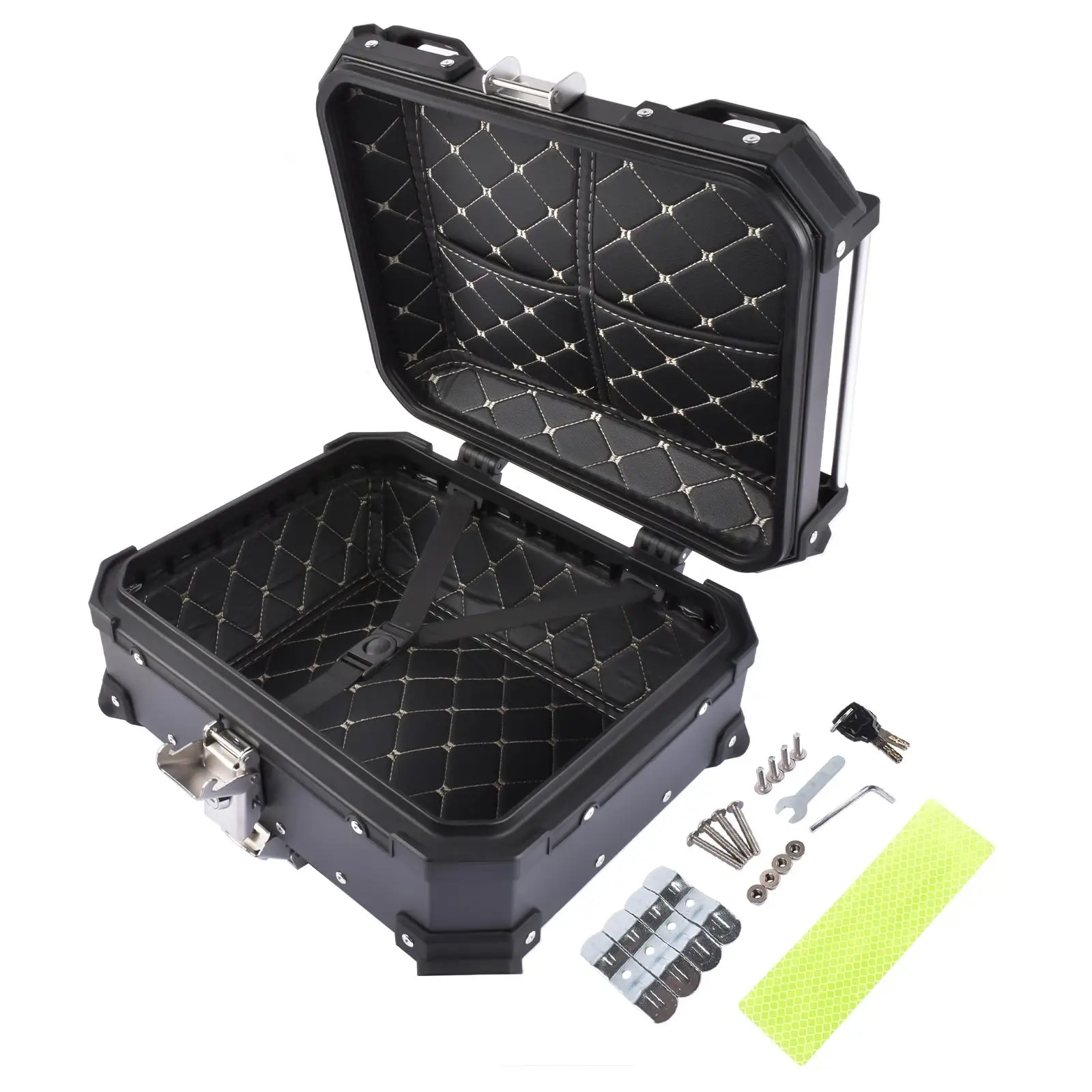 AP03 65L Aluminum Waterproof Motorcycle Top Case, Trunk Tail Box with Security Lock for Luggage (Black)