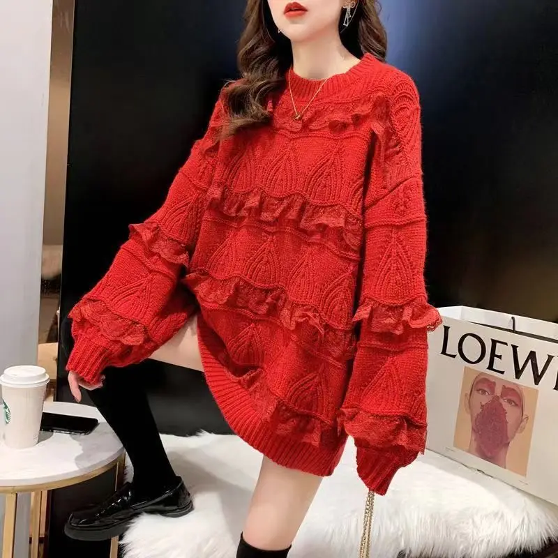 Fashion-forward Women’s Sweater 2023 with Lace Stitching Pullover Top Autumn Winter Elegant and Chic Women’s Outerwear Sweater