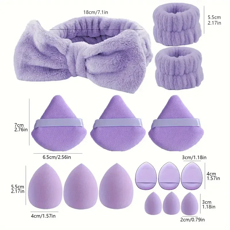 15pcs Combination Triangle Powder Puff Beauty Makeup Puff Set Women Make Up Tools With 1pc Bowknot Headband and 2pcs Wristbands