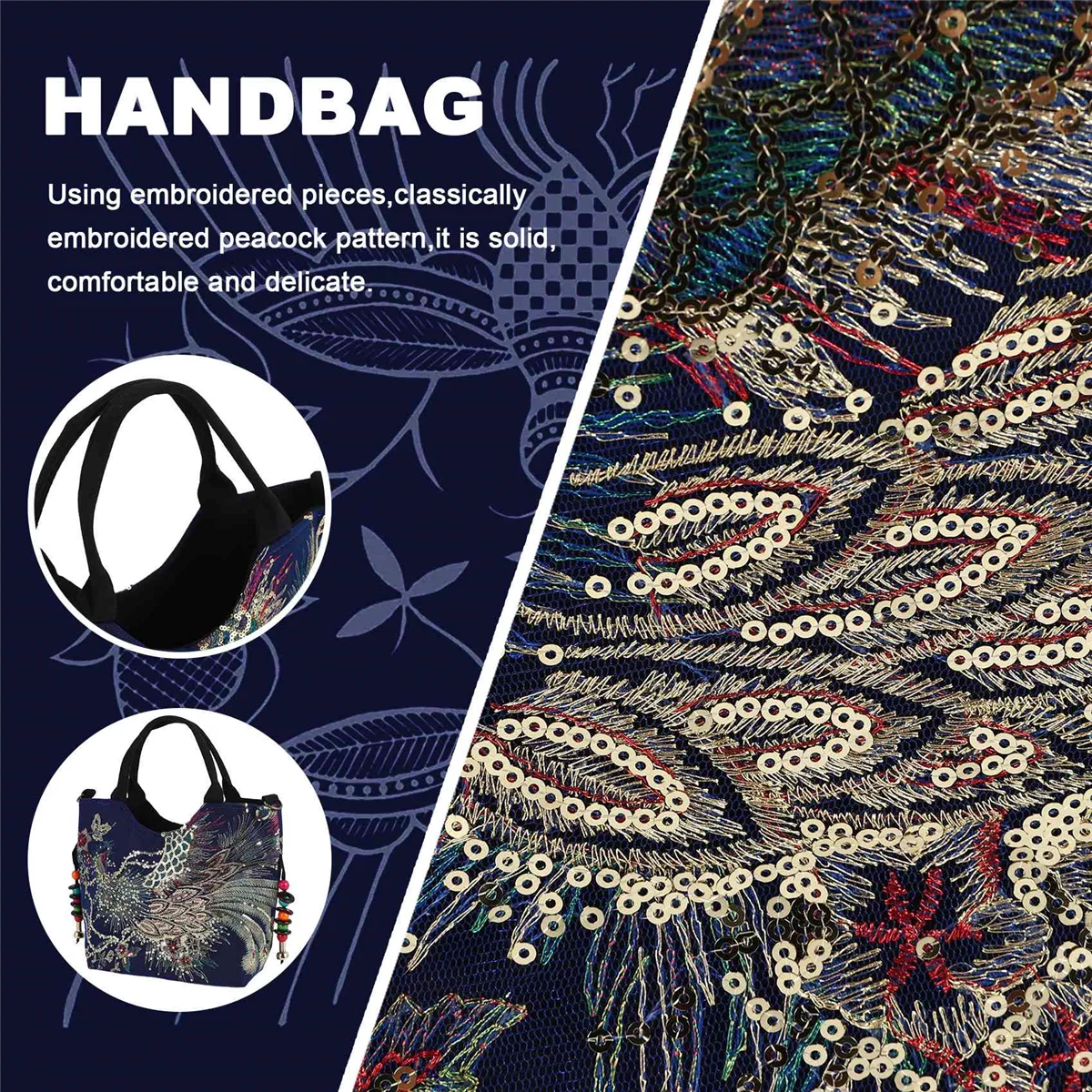 ABQR блестящая вышитая блестками женская парусиновая большая сумка для покупок сумка через плечо ретро сумка-тоут с бисером синяя