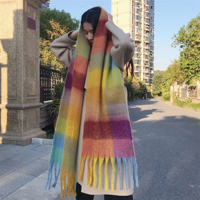 240x40cm Chunky Plaid Scarf Luxury Cashmere Coloured Checked Oversized Tassel Scarf Soft Fall Winter Thick Warm Shawl Women