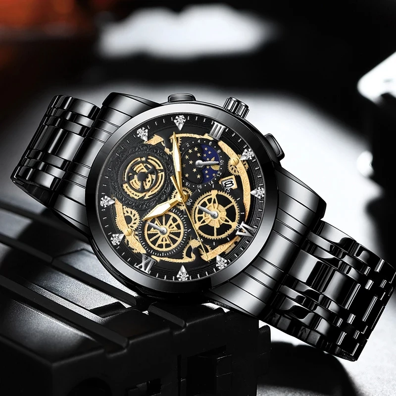 Fashion Men Watch Quartz Movement Automatic Calendar Stainless Steel Luxury Rhinestone Waterproof Elite For Relogio Masculino