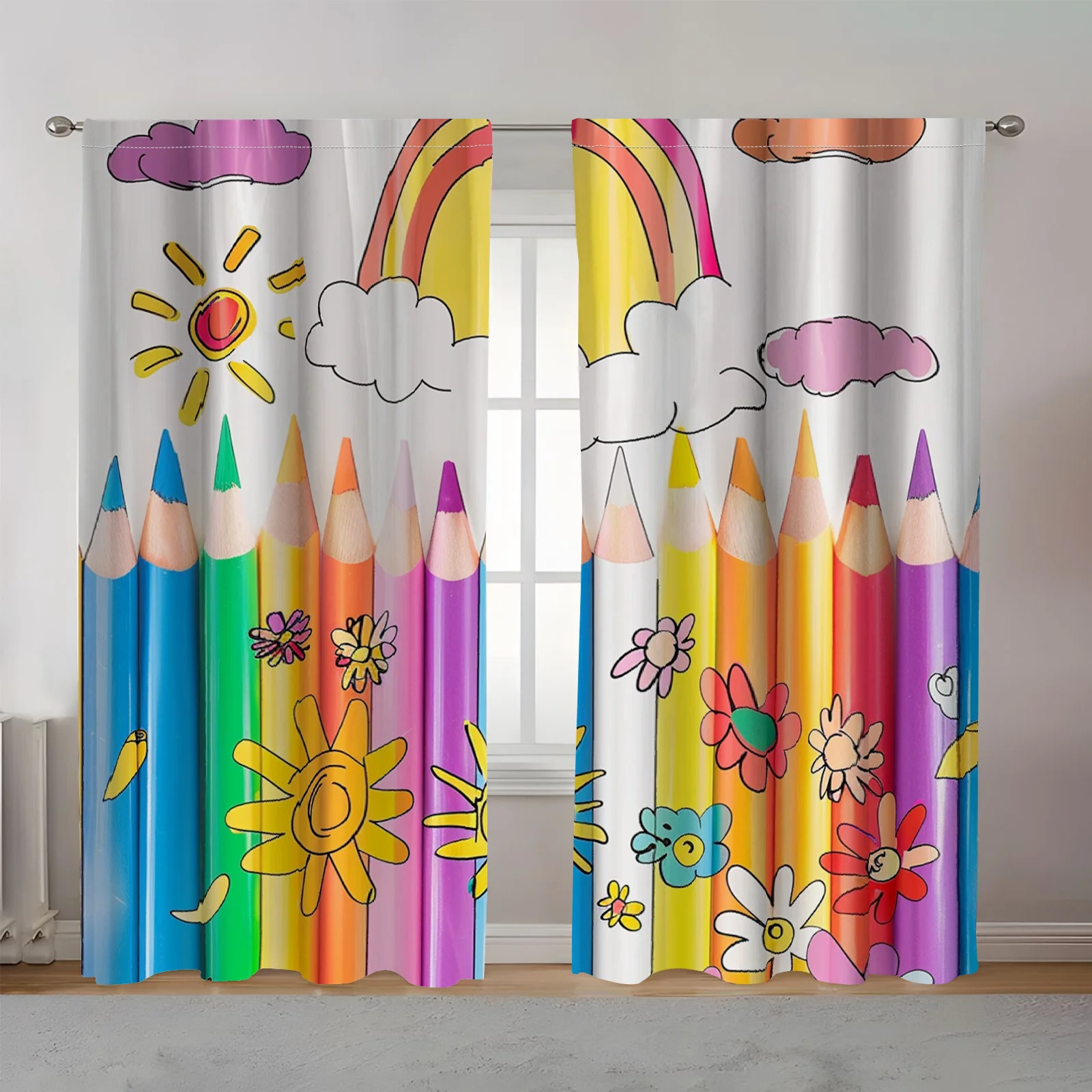 Colorful Pencil Curtains, Cartoon Rainbow Sun Print Drapes, Kids School Study Room Decor for Boys Girls Bedroom Window Treatment