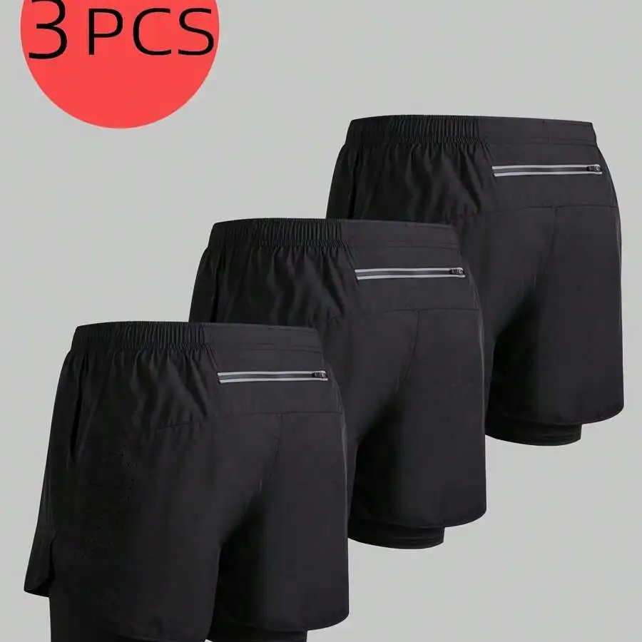 

3-Pack 2-In-1 Mens Running Shorts With Zip Pockets Quick Dry Athletic Fitness Shorts Summer