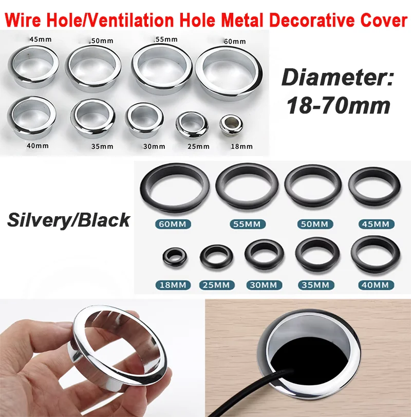 1-5Pcs Black/Silver Desk Wire Grommet Cable Hole Cover Decorative Ring Multiple Sizes for PC Table Cable Organizer Dia 18-70mm