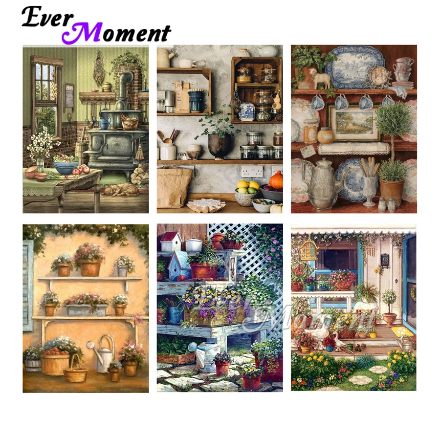 Ever Moment 5D DIY Cross Stitch Home Painting Kitchen Garden Floral Cupboard Rabbit Diamond Painting Canvas Wall Décor ASF2291