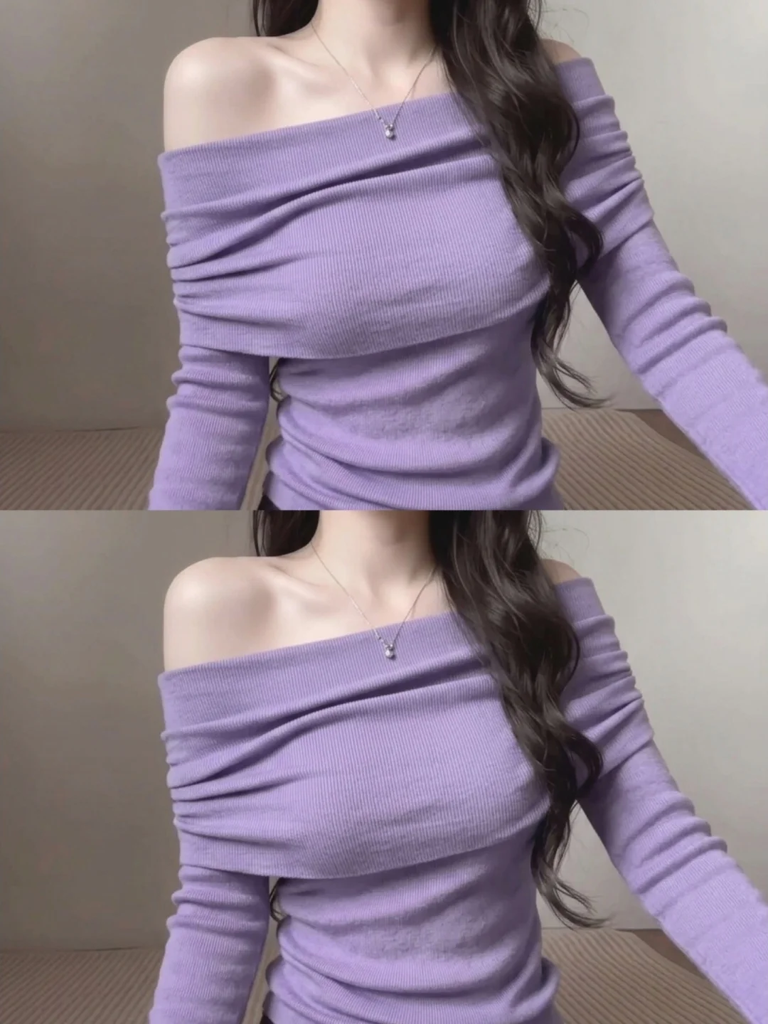 Shoulder Bared Knitted Sweater Women's Slim Fit Long Sleeve Breathable Comfortable Korean Style Purple Taro Base Shirt