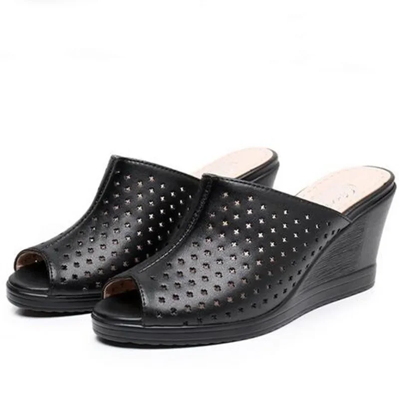 Summer Hollow Fish Mouth Slippers Fashion Wild Non-slip Outer Wear Wedges Slipper Shoes Size 33-39