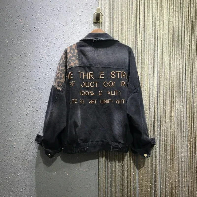 Woman Jean Coat Outerwear Small Leopard Black Denim Jacket for Women with Print Graphic Biker Short Crop 2025 New Arrivals Trend