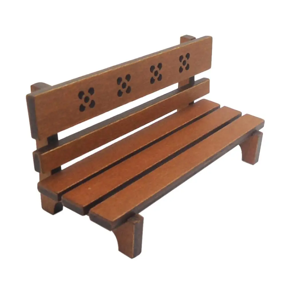 1:12 Wooden Dollhouse Garden Bench, Part Stool Craft, Dolls House Furniture Couch Miniatures with Back - Brown Color