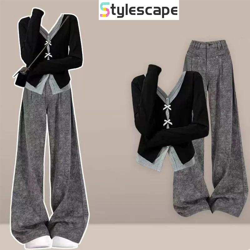 

Осенний полный комплект женского стиля, женский стиль, топ для похудения и ниши, универсальные широкие повседневные брюки, комплект из двух предметов