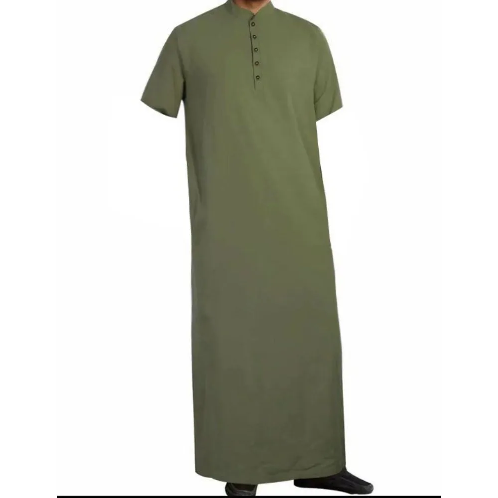 Arab Style Thobe for Men - Long Length Button Down Robe with Mandarin Collar, Simple Islamic Prayer Dress & Casual Loungewear