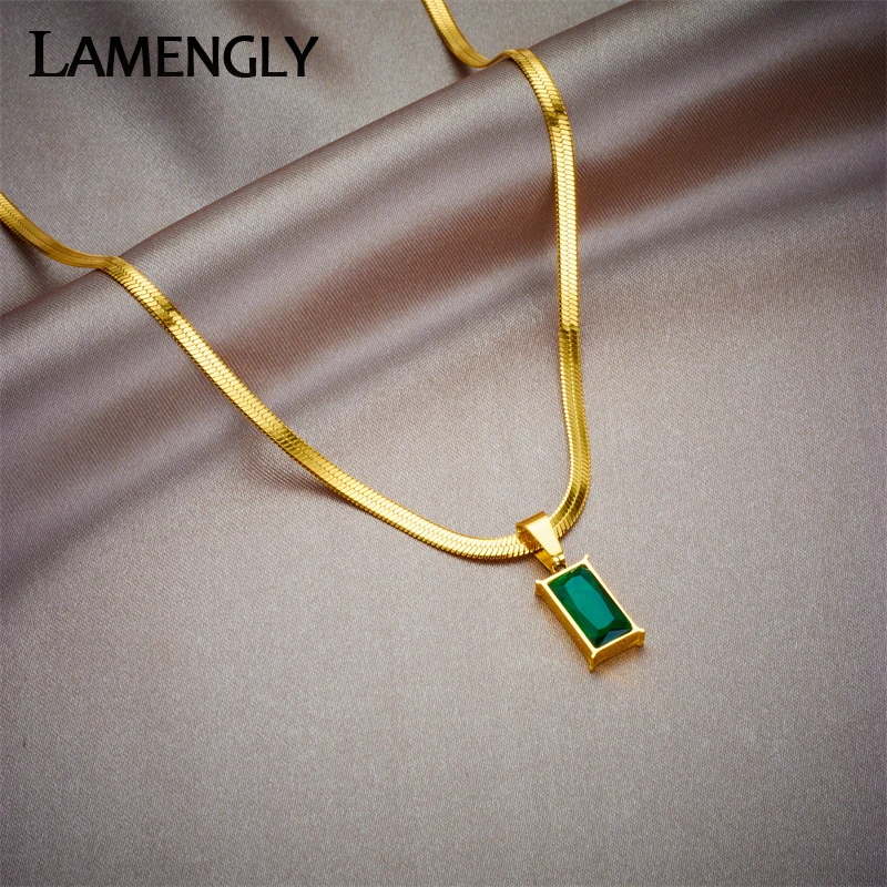 LAMENGLY 316L Stainless Steel Geometric Square Green Crystal Pendant Necklace For Women Fashion Non-fading Chain Jewelry Gifts