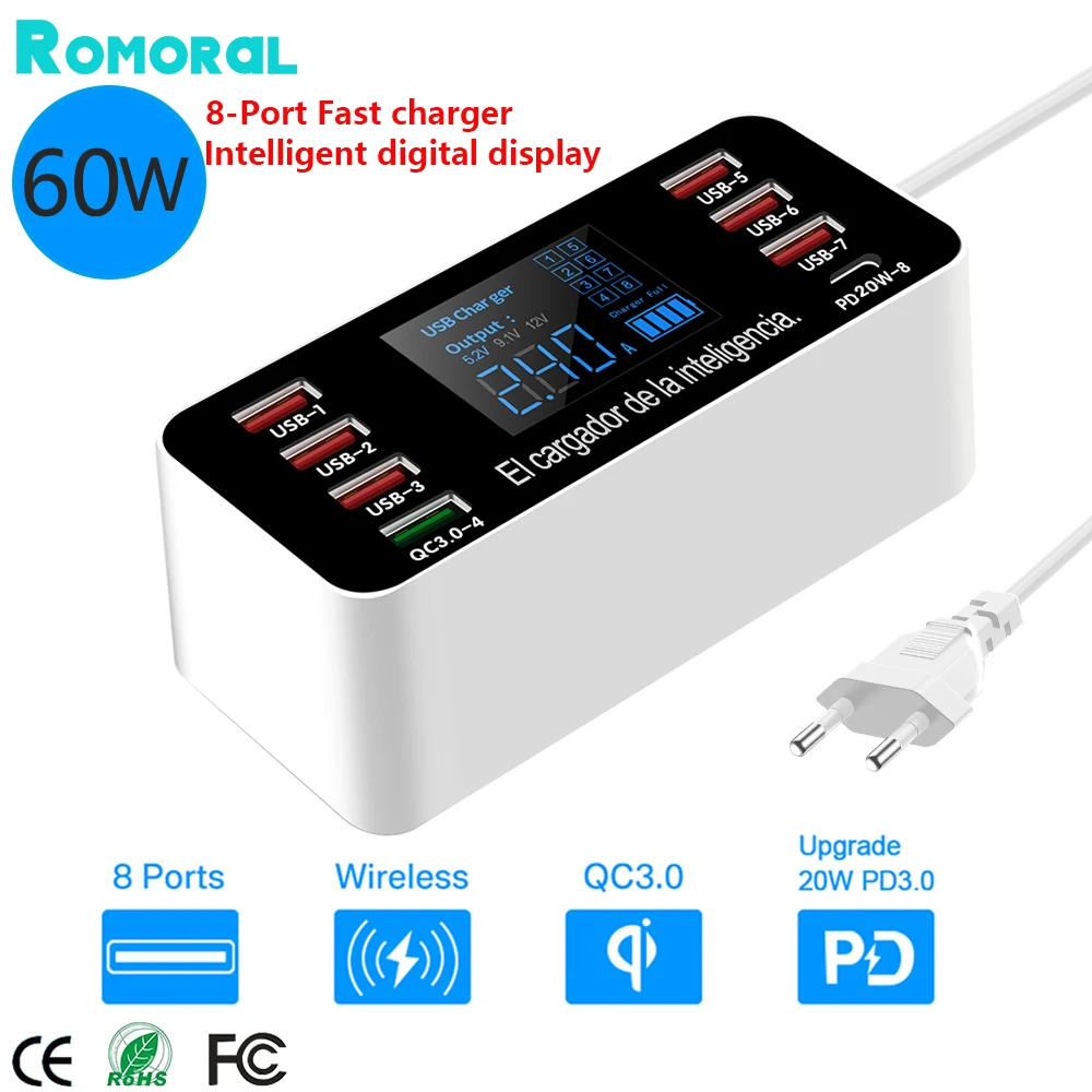 Cargador de teléfono USB QC3.0 de carga rápida de 60W, adaptador de carga rápida de 8 puertos tipo C 20W PD, estación de carga con pantalla LED para iPhone