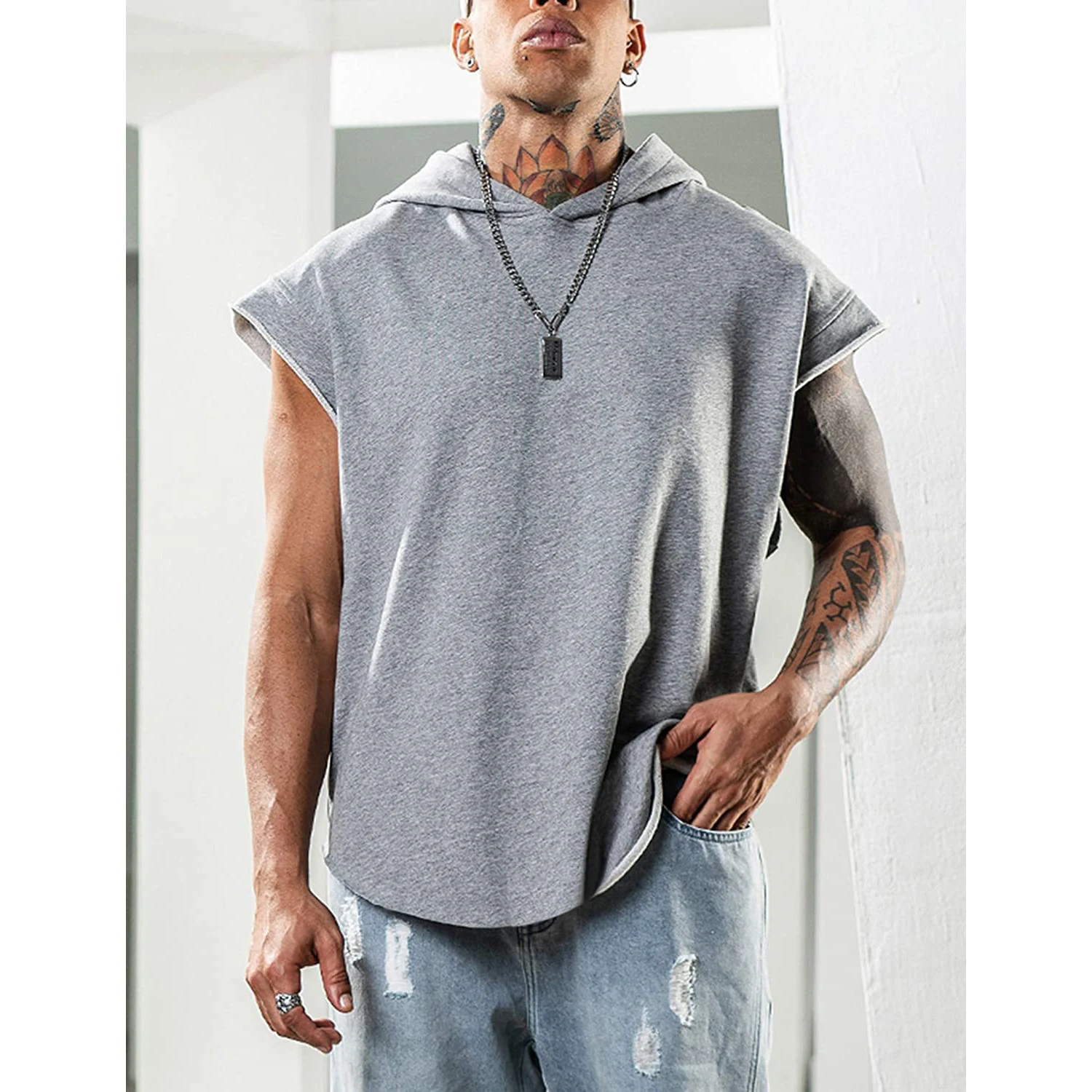 2024 Men Tank Top  Fitness Training Pullover Leisure Fashion Sleeve Men\'s Hooded Vest Solid Color Tank Tops For Male