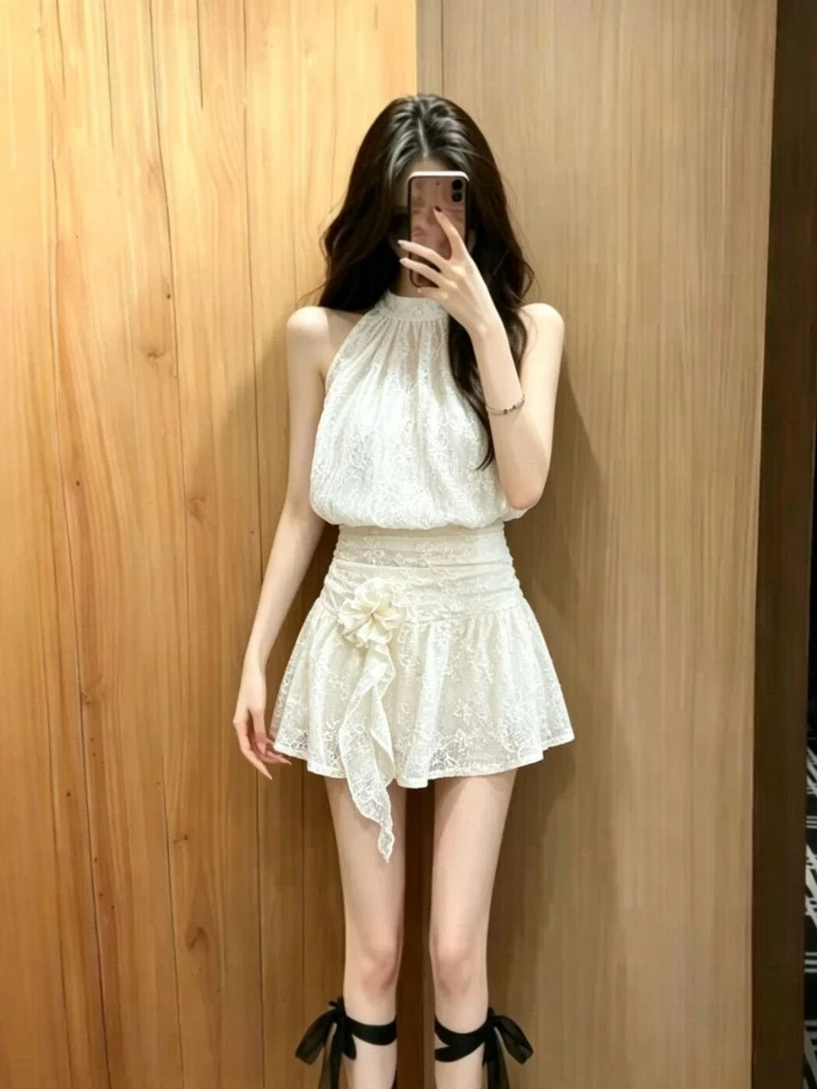 France Sweet Sleeveless Party 2-piece Set Women Summer Design Chic Thin Slim Off Shoulder Tops + High Waist Ruffle Short Skirt