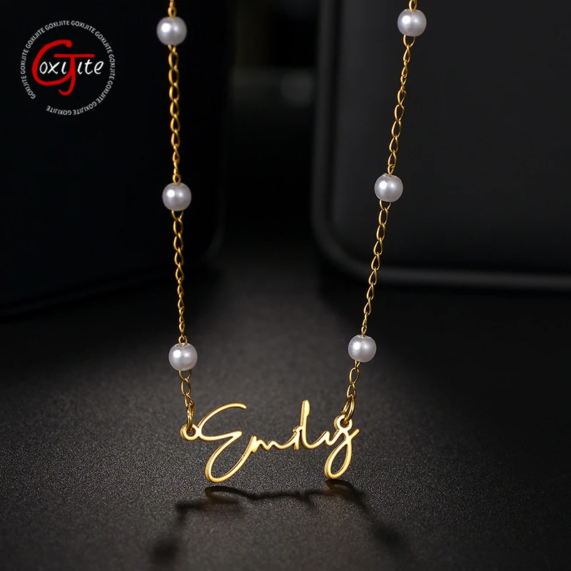 Goxijite Customized Name Imitation Pearl Necklace For Women Girls Stainless Steel Personalized Nameplate Beads Chain Necklaces