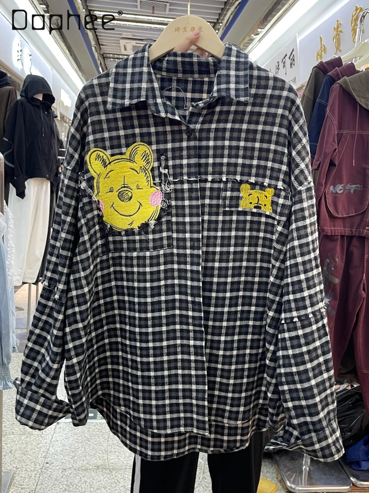 

Свободная рубашка средней длины с длинными рукавами для женщин, осень 2022, новые стильные клетчатые рубашки с мультяшным принтом и блестками, женские топы