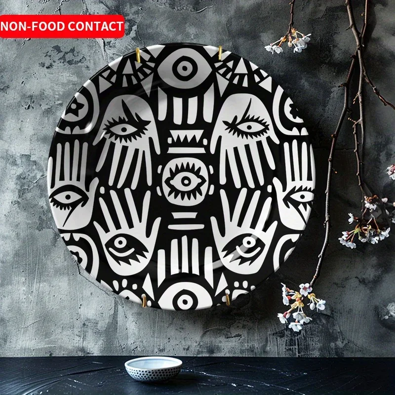 1pc Modern Minimalist Black and White Ceramic Decorative Plate - Eye-Catching Hand Eye Tribal Pattern, Non-Food Contact Safe