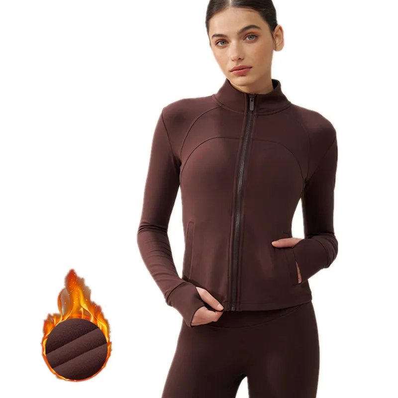 

Осень-зима бархатная флисовая плотная спортивная куртка для йоги тренажерный зал на молнии для женщин бег для фитнеса топы тренировочное пальто для бега черный коричневый