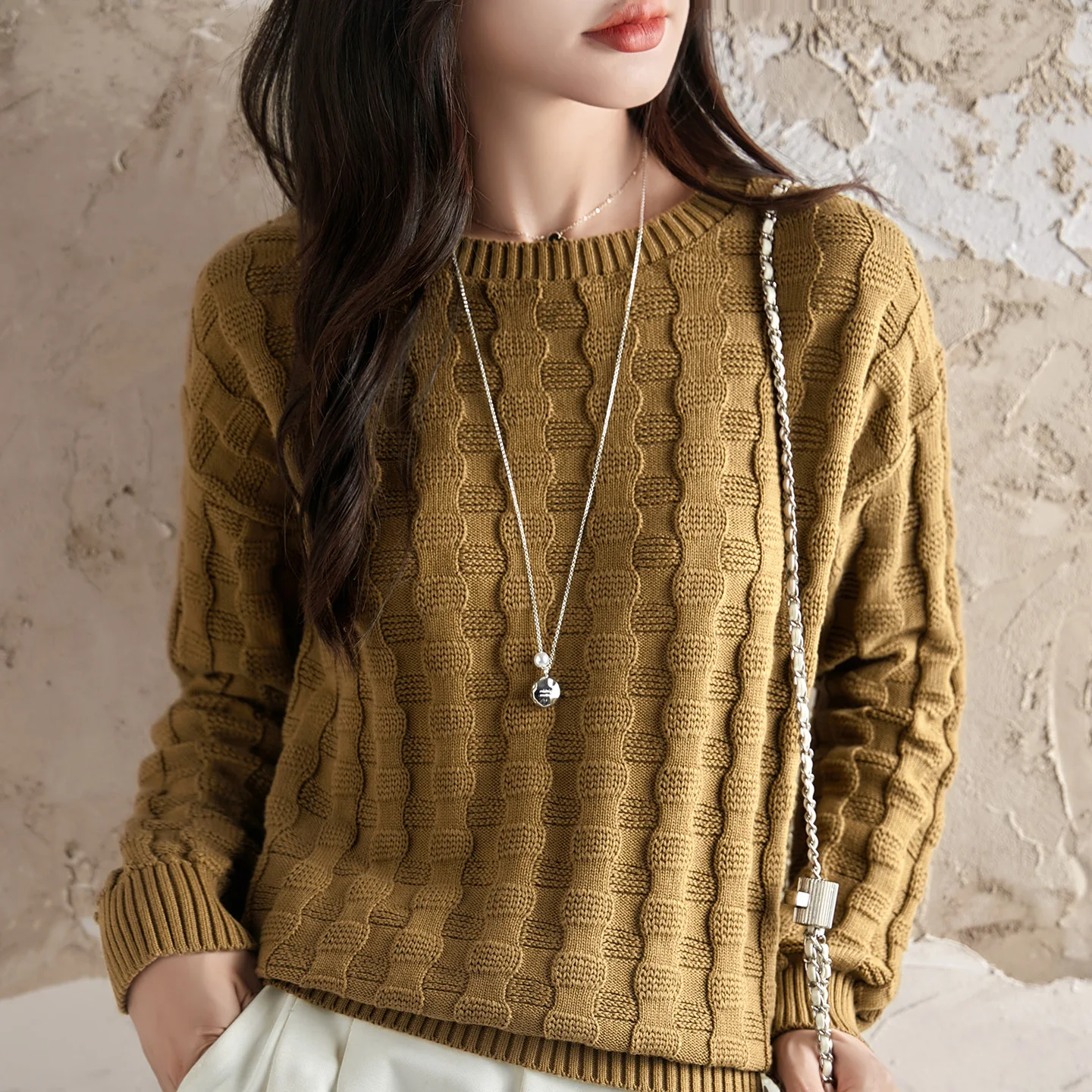 

Весенне-осенний женский свитер из 100% хлопка, повседневный однотонный вязаный пуловер свободного кроя с круглым вырезом, утепленный, надеваемый через голову