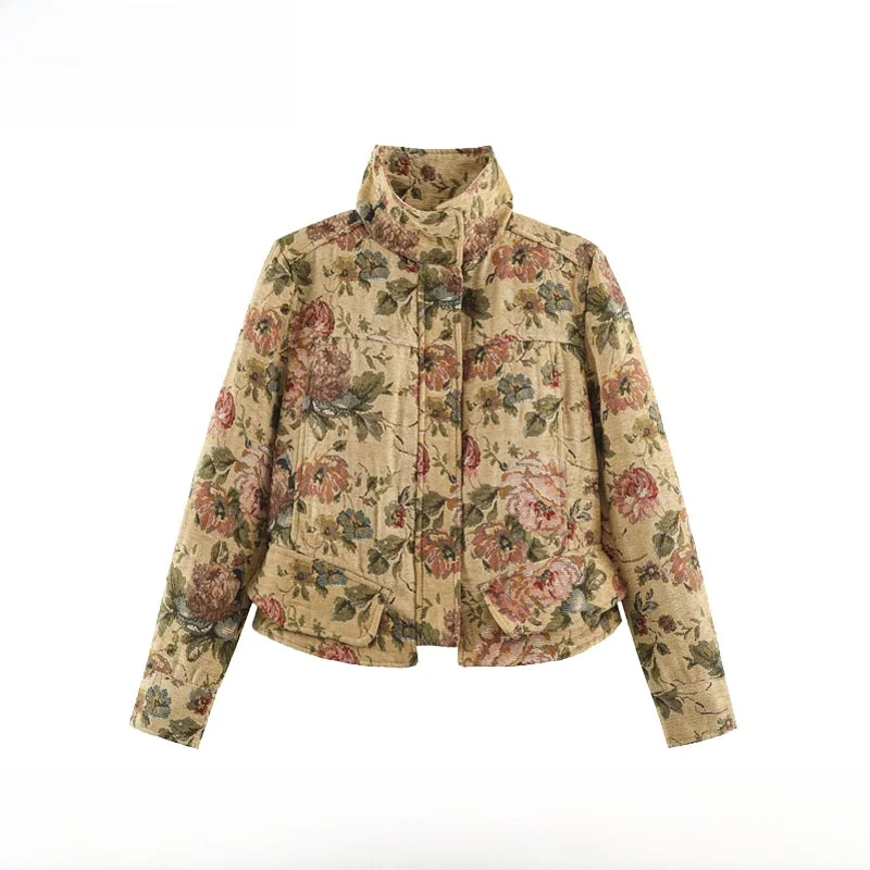 Early Autumn New Fashionable Floral Jacket Women's Short Outerwear Versatile Polyester Fiber Long Sleeve Button Closure