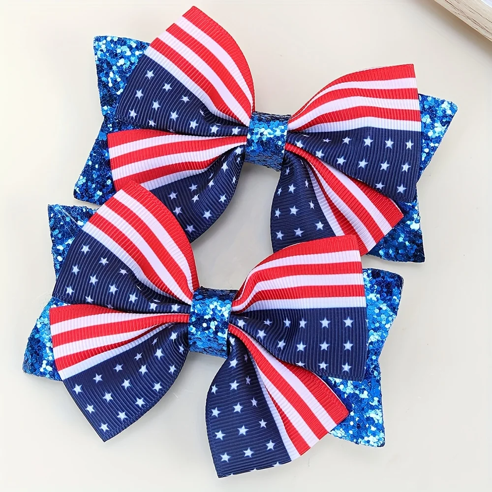 2pcs Patriotic American Flag Hair Bows Clips Glittery Red, White & Blue Stars and Stripes Design Hair Accessories for Girls,