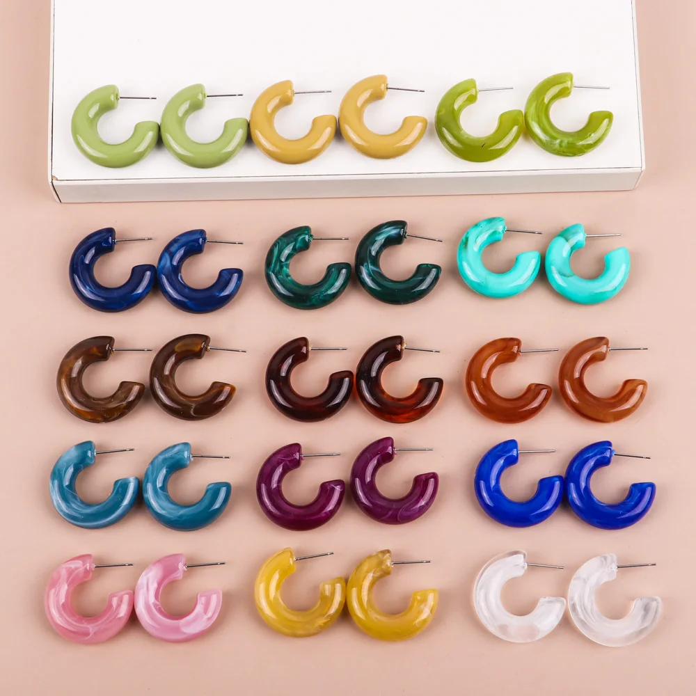 FishSheep Geometic Colorful C Shape Acrylic Hoop Earrings for Women Vintage Resin Transparent Round Circle Earring Korea Jewelry