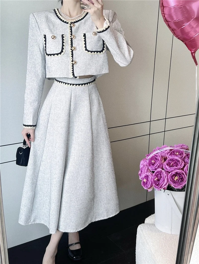 Short Tweed Jacket for Women 2024 Korean Clothes Grey Suit Cardigan Coat A Line Swing Black Pleated Skirts 2 Piece Sets