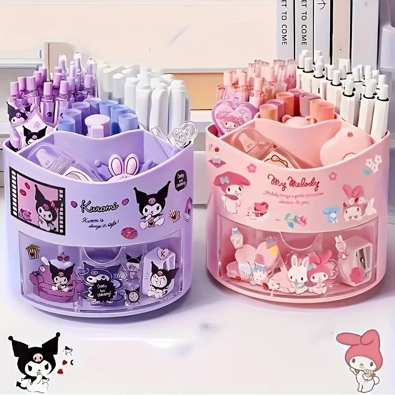 Sanrio Kuromi Melody 360° Rotating Desk Organizer with Cute Kuromi Melody & Kuromi Face - Large Capacity Multi-Grid Pen/Pencil