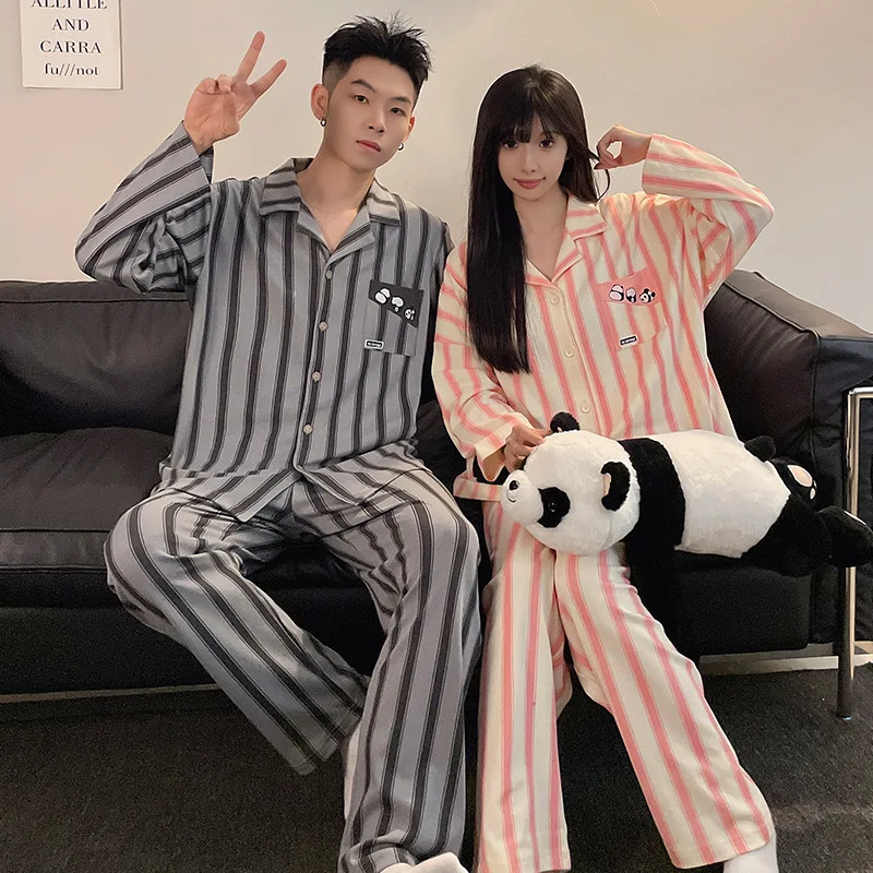 Ladies Live Couple Pajamas Homewear New Ladies Korean Cute Striped Long-sleeved Long Pants Loose Casual Comfortable Set Women