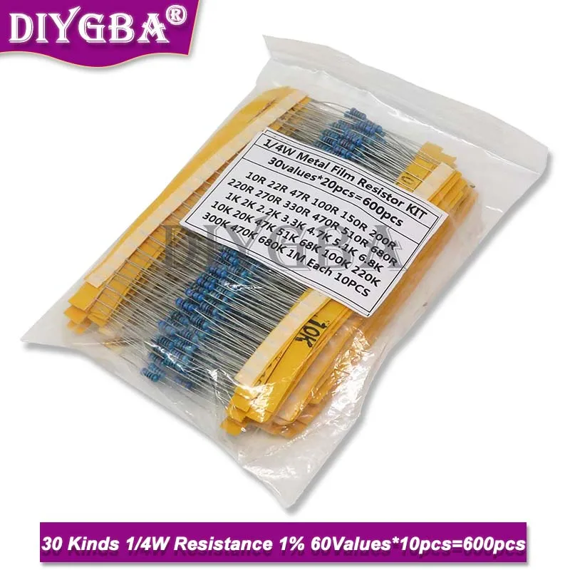عبوة مقاومة أغشية معدنية ، طقم مقاوم متنوع 30 نوعًا ، 1K ، 10K ، K ، 220 أوم ، مقاومات 1 م ، شعيرة ،