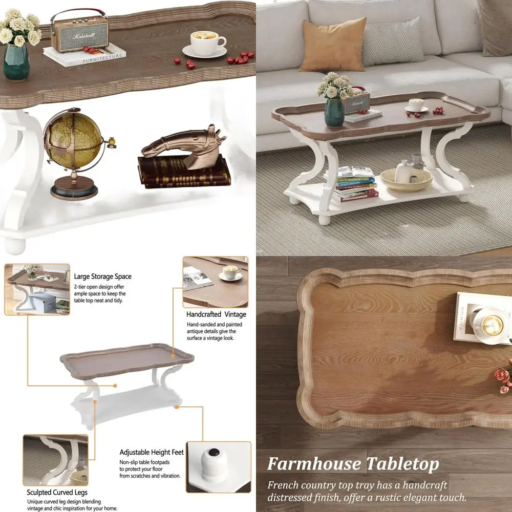 

Vintage White Rustic Sofa Table with Storage Shelf and Carved Legs for Living & Dining Rooms