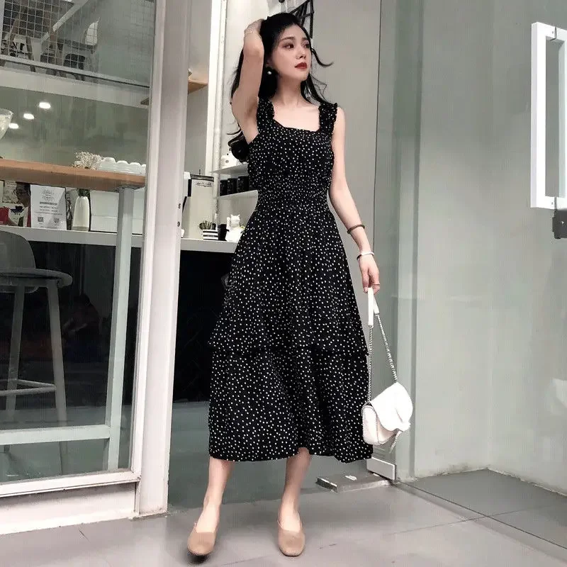 Women Dresses Polka Dot Brace Dress Women's Summer  Women's Long Dress Vestido De Mujer Femme Robe