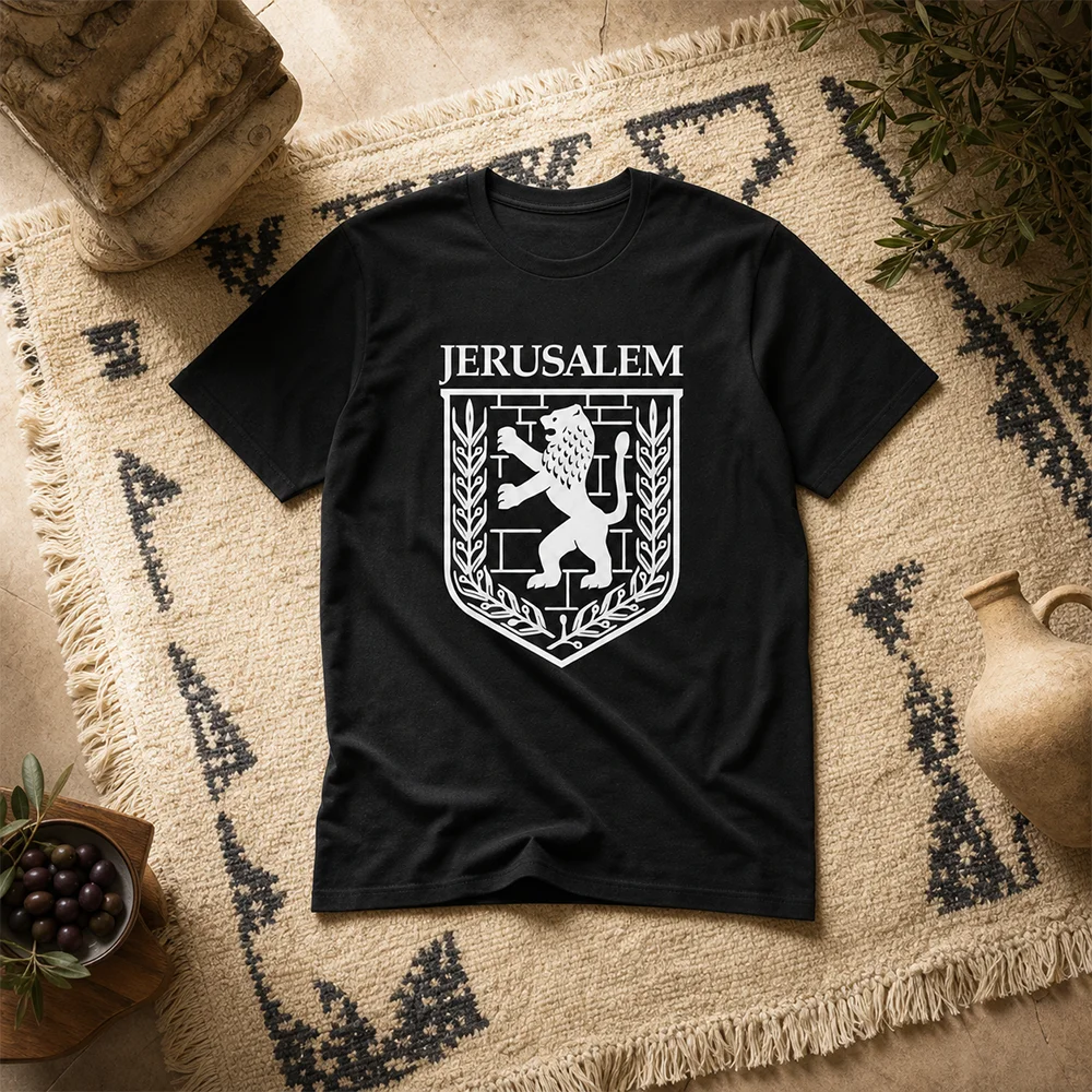Jerusalem Lion Emblem Casual T-Shirt Short Sleeve Cotton Comfortable Top for Men Women Kids Israel Style Family Matching Outfits