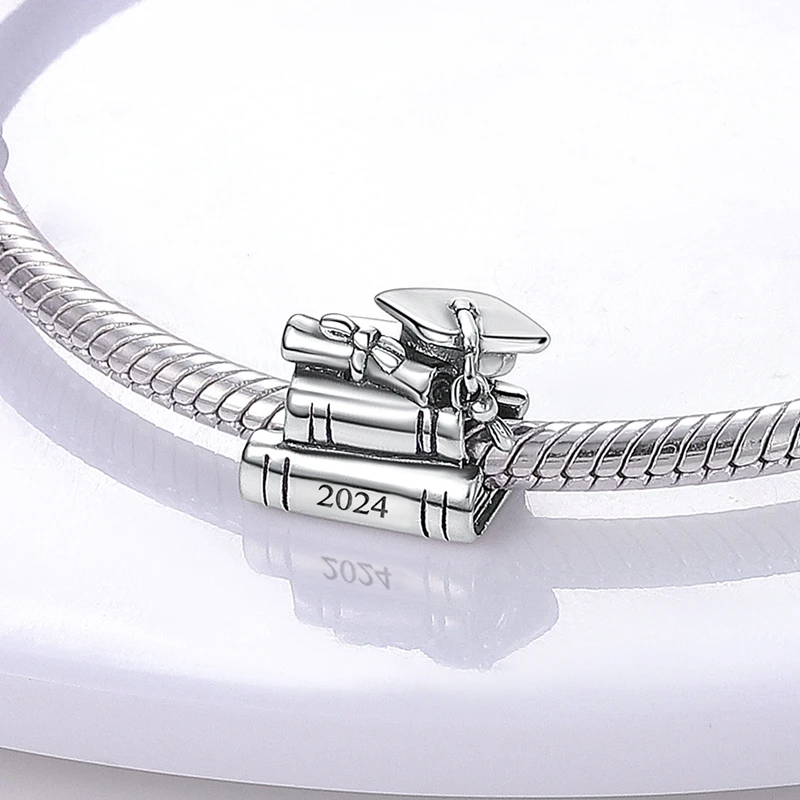 925 Sterling Silver 2024 Bachelor's Hat Degree Certificate Graduation Book Charm Fit DIY Bracelet Student Graduation Gift