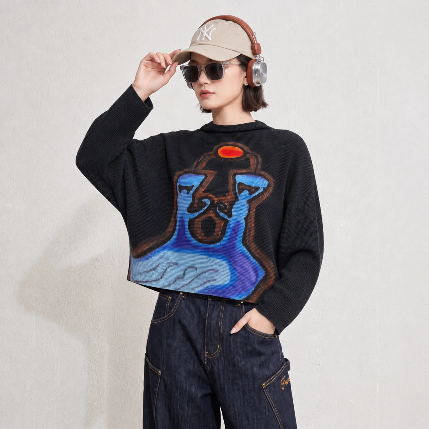 Women Miyake Pleated  Plus Size Pleated Knit Top, Graffiti Print Turtleneck Batwing Sleeve Loose Long Sleeve Blouse