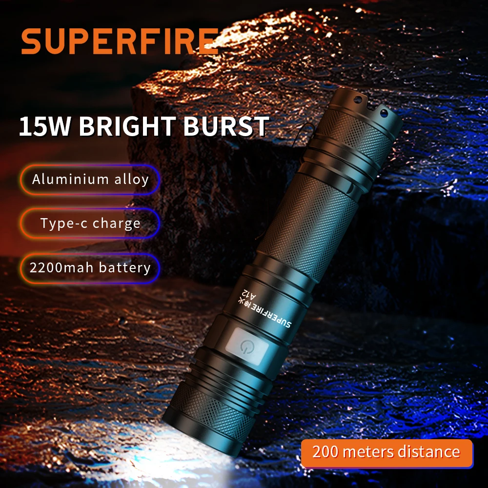 SuperFire A12 High power led flashlight 15W Zoom Portable Torch 200m Long Range Rechargeable usb-c Camping Fishing Lantern