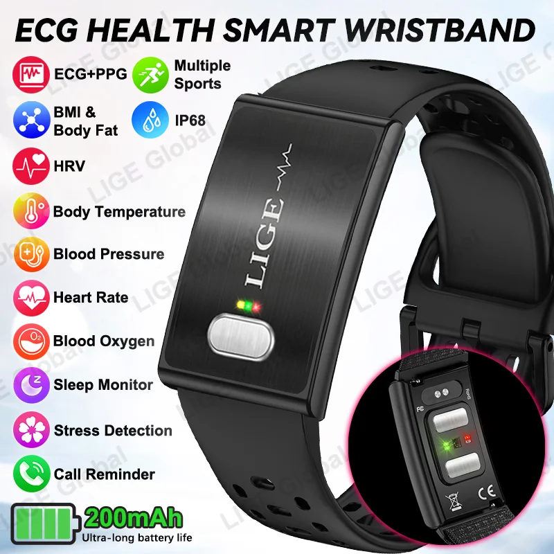 Pulsera inteligente LIGE ECG+PPG con monitor de actividad física para hombres y mujeres, con medición de HRV, SpO2, presión arterial, resistente al agua, pulsera deportiva inteligente, reloj inteligente de salud.