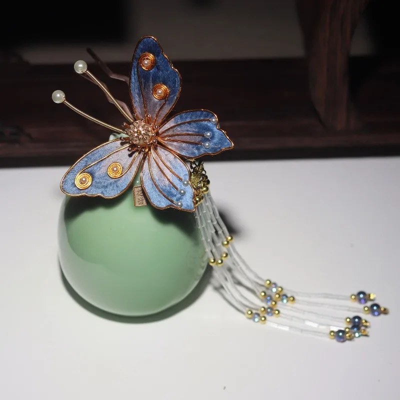 

Вельветовая заколка-бабочка в стиле династии Мин для женских причесок Ханьфу, традиционное китайское украшение для пучка, классический подарок