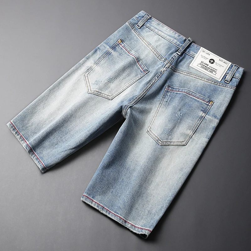 Newly Summer Trendy Fashion Jeans Retro Light Blue Elastic Embroidery Designer Ripped Short Jeans Homme Hip Hop Denim Shorts Men