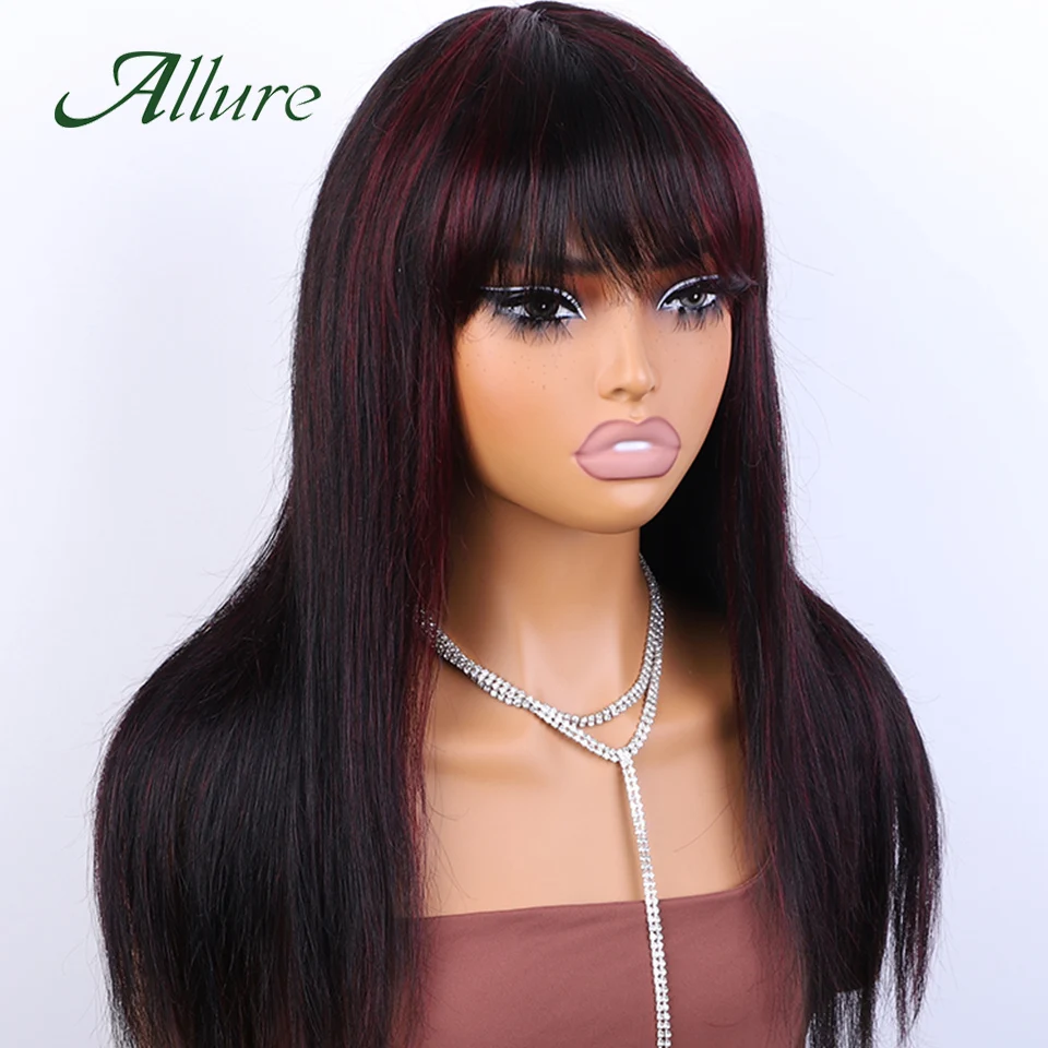 

Straight Human Hair Wigs for Women Ombre Glueless Wig With Bangs Brazilian Burgundy Colored Hair Full Machine Wigs Allure