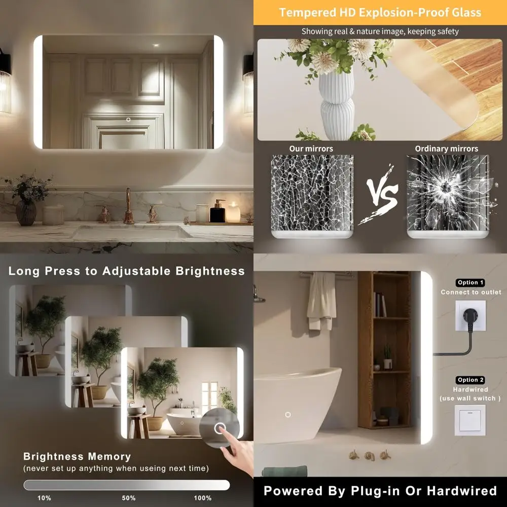 Rectangular Backlit LED Bathroom Vanity Mirror with Rounded Corners, Shatter-Resistant, Dimmable