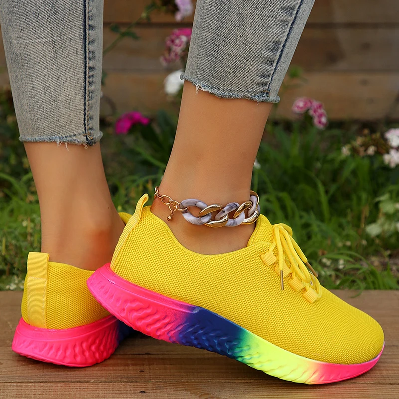 Fashion Rainbow Sole Knit Sneakers Women Mesh Breathable Platform Sports Shoes Woman Non Slip Yellow Running Sneakers Plus Size