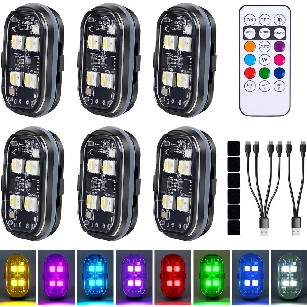 

upgraded 4leds 6pcs wireless led strobe lights with remote control, 8 colors type-c rechargeable led lights anti collision warni